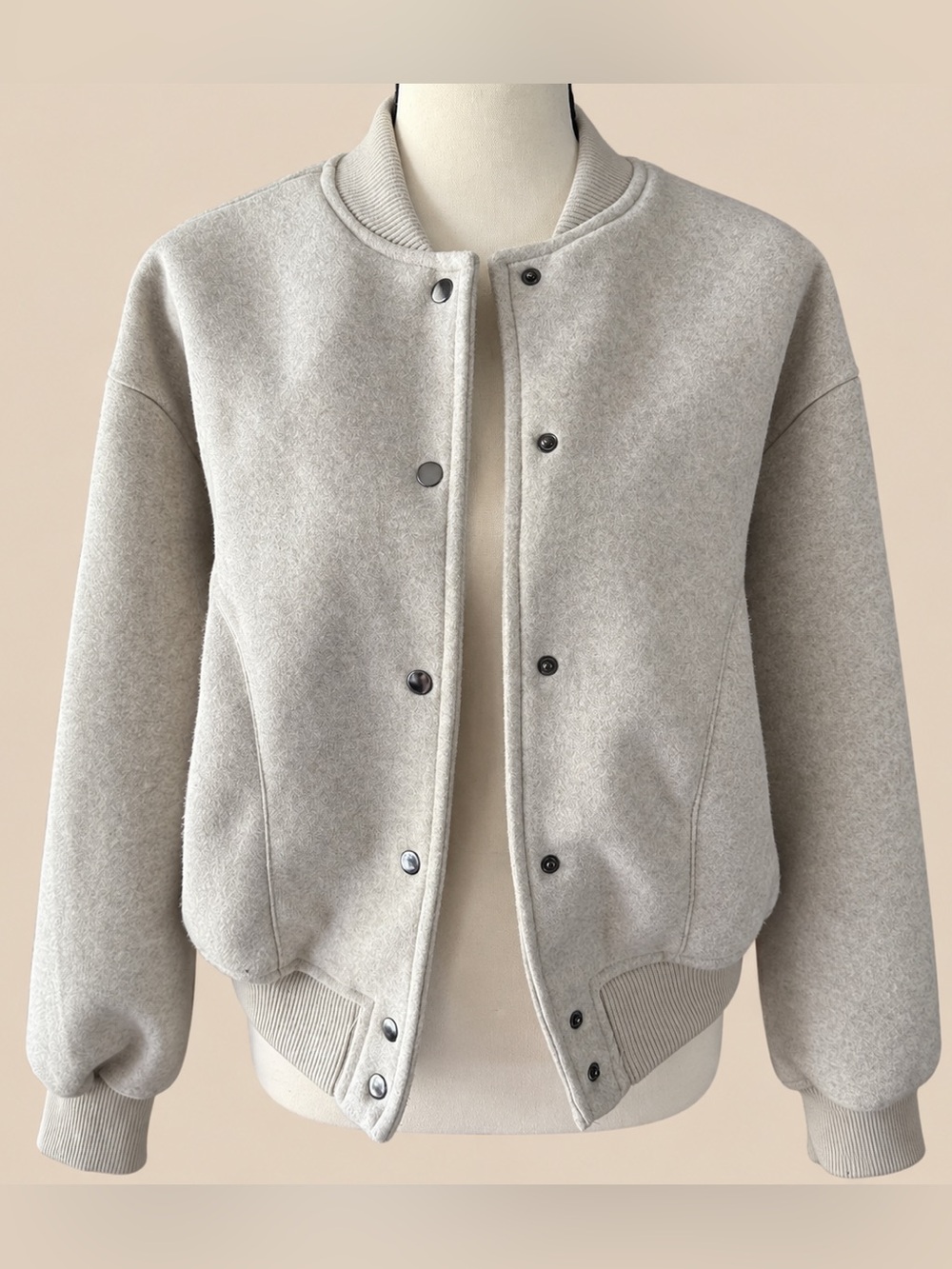 Cozy Athleisure Oatmeal Snap Front Bomber Varsity Jacket Philosophy S